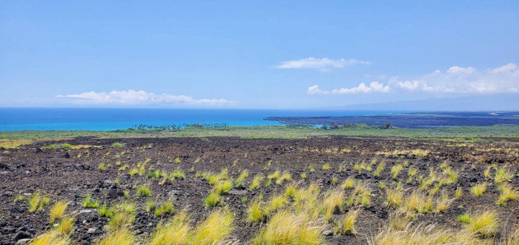 Océan et volcan à perte de vue sur l'autoroute à Hawaii
