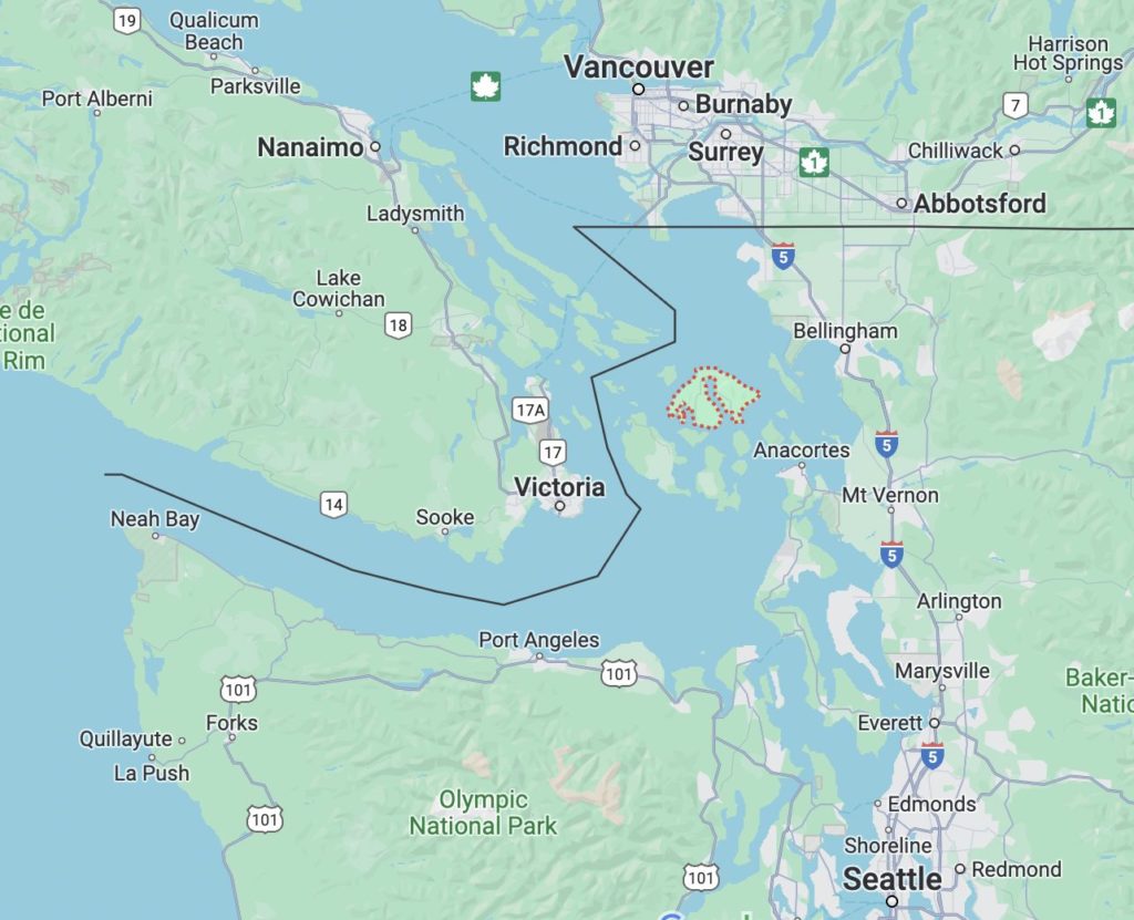 Carte du Puget Sound, de Seattle, des îles, de Vancouver et de l'île de Vancouver