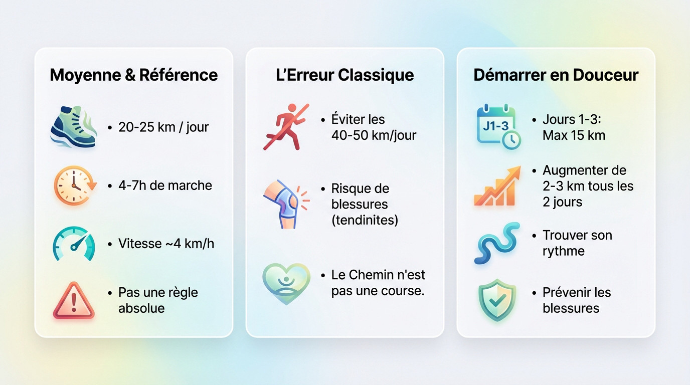 Pèlerin ajustant son sac à dos sur un sentier, illustrant l'importance d'adapter son rythme et de prévenir les blessures sur le Chemin de Compostelle