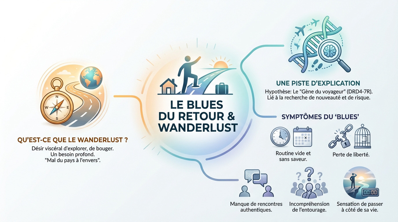 Illustration du blues du retour et du syndrome de wanderlust montrant une personne mélancolique regardant une carte