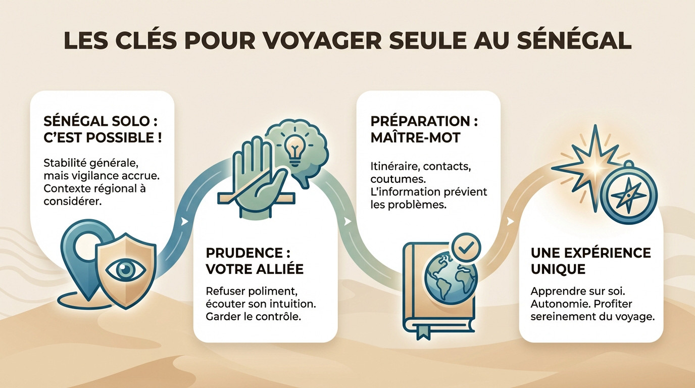 Femme voyageuse seule au Sénégal marchant sur une plage au coucher du soleil