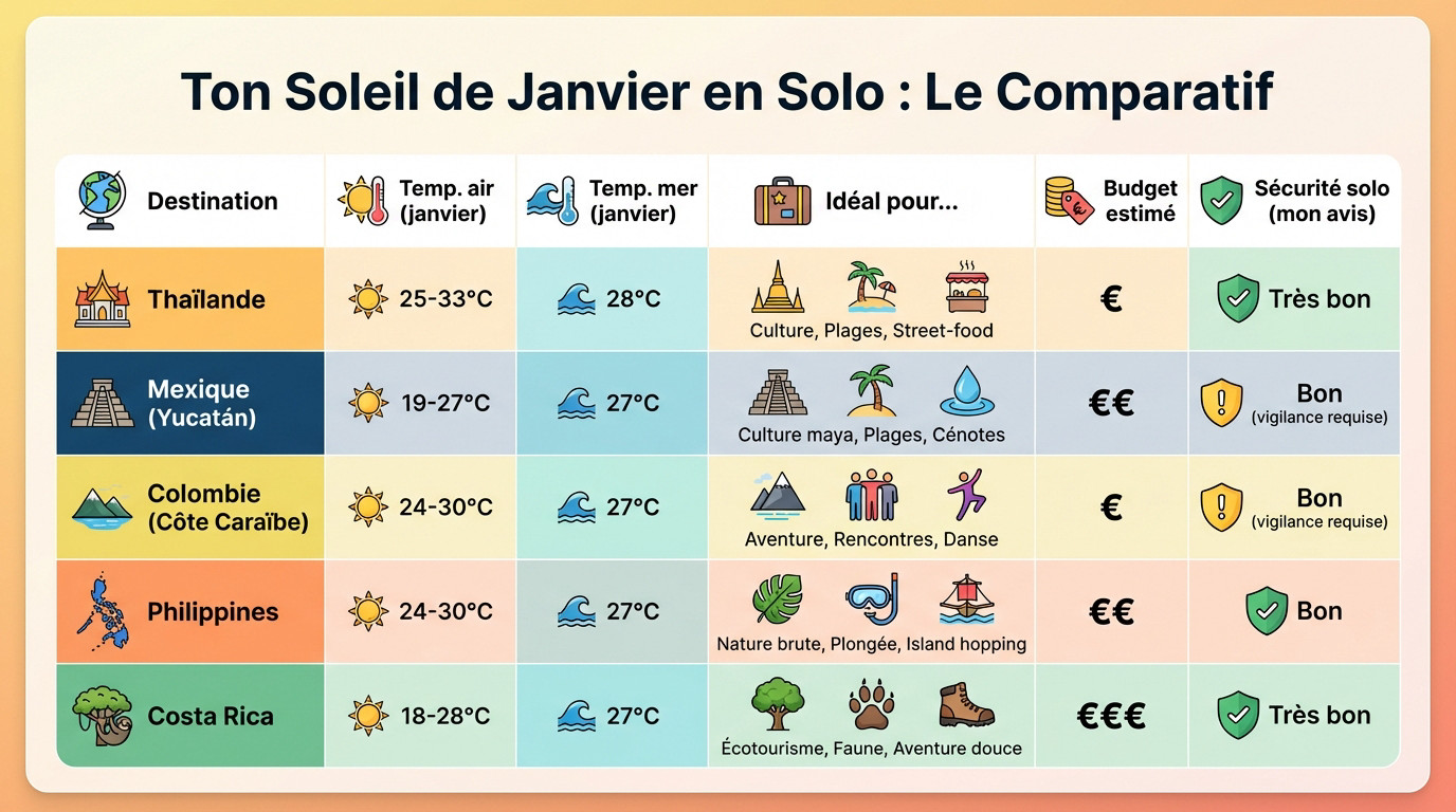 Tableau comparatif des meilleures destinations soleil pour voyager seule en janvier
