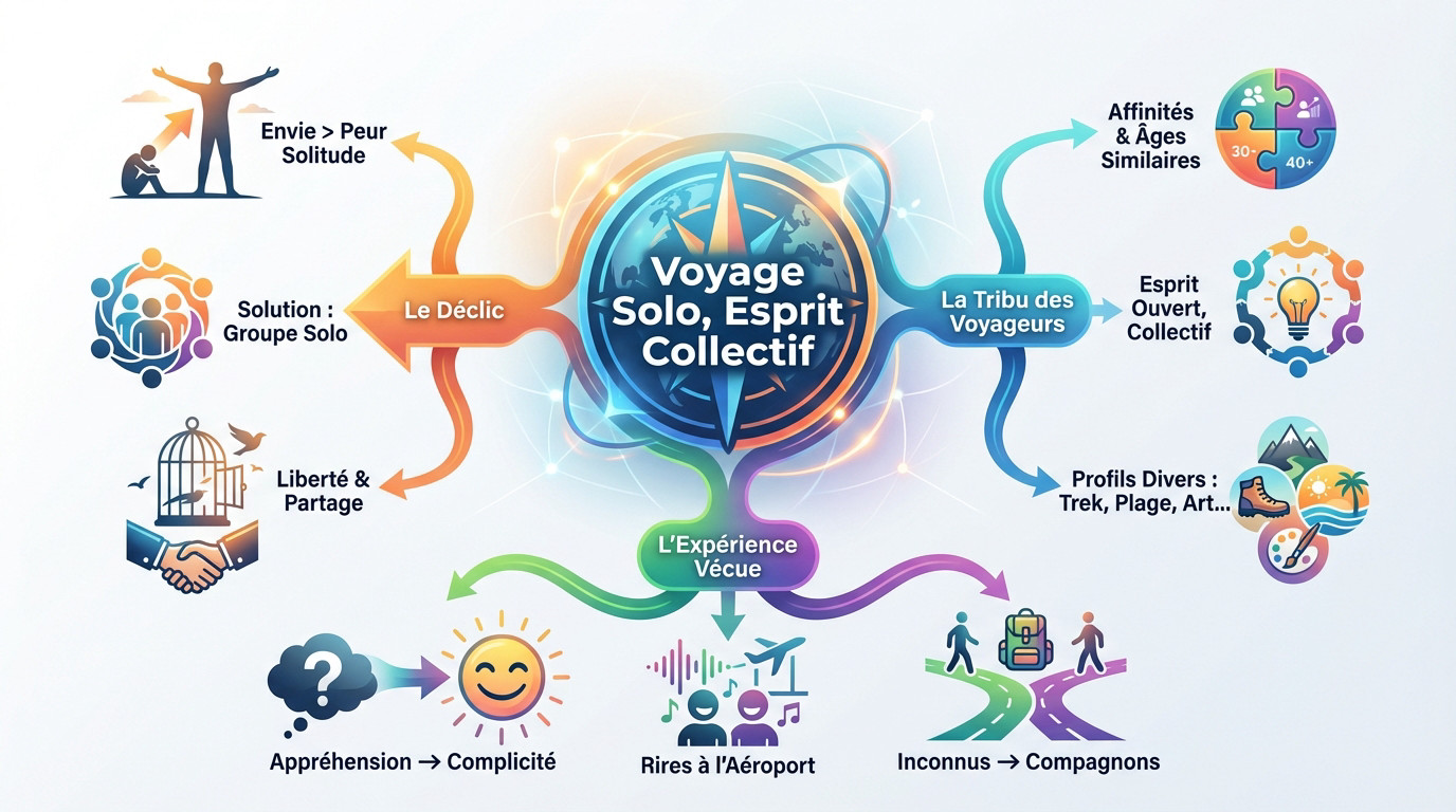 Infographie illustrant l'esprit collectif du voyage solo avec WeRoad