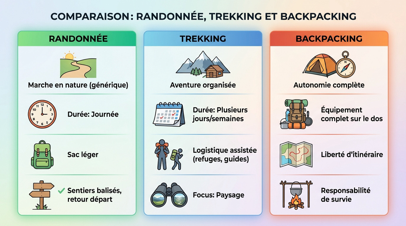 Comparaison visuelle entre l'équipement de randonnée, de trekking et de backpacking