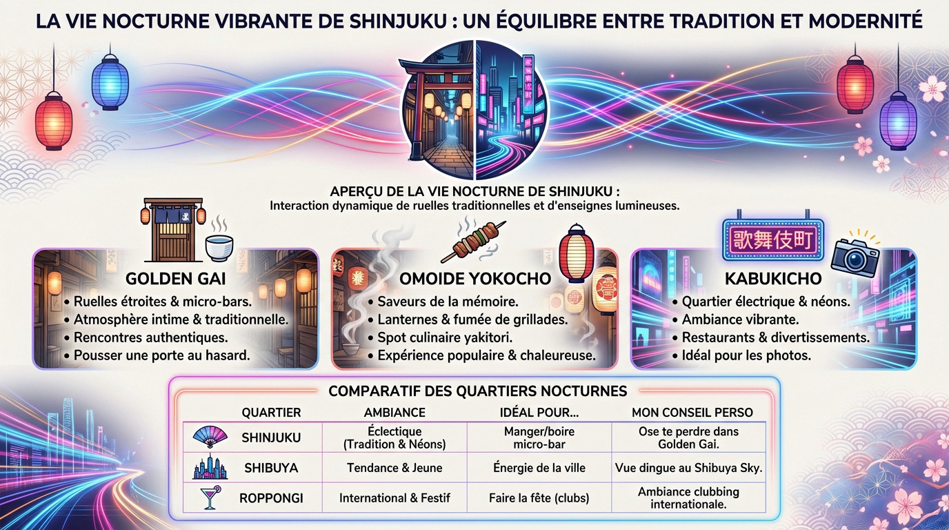 Infographie illustrant la vie nocturne animée de Shinjuku à Tokyo