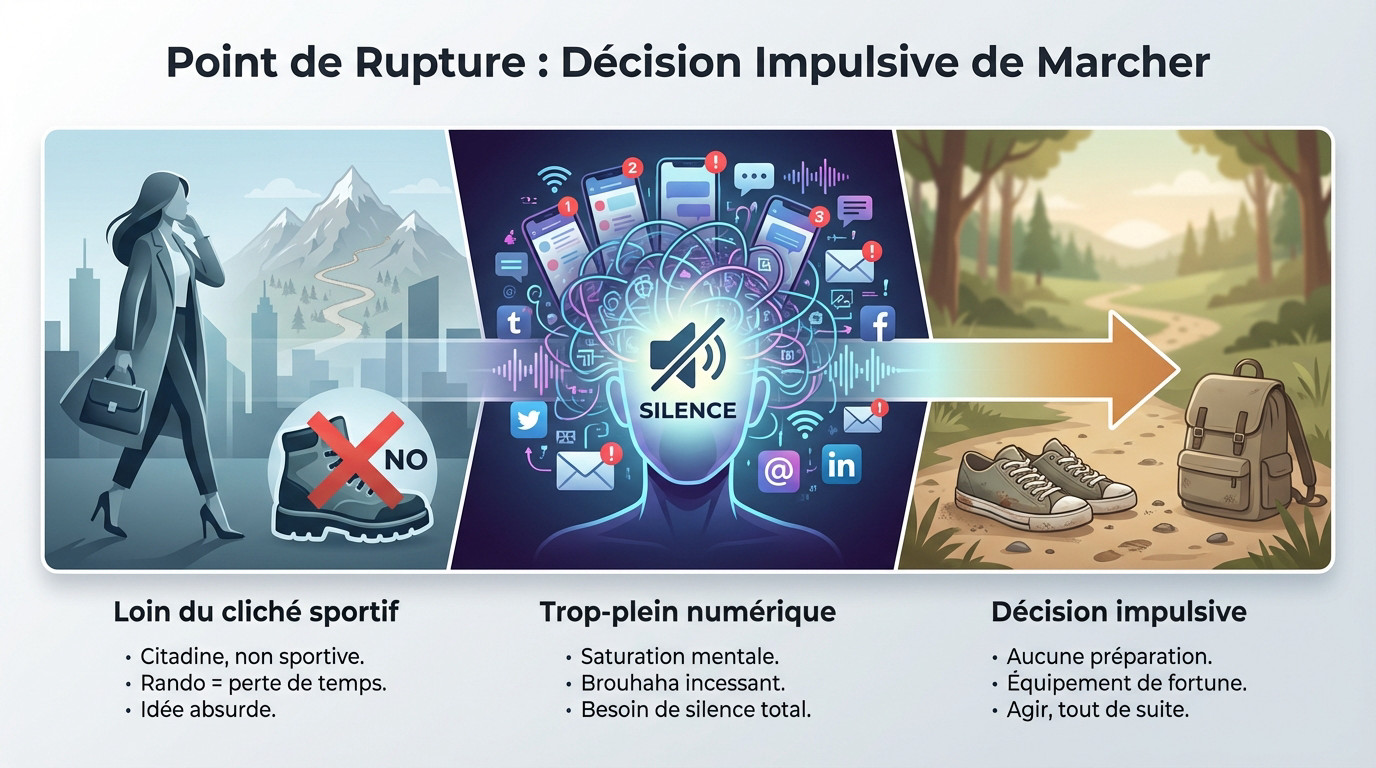 Lucie marchant seule sur un sentier pour échapper à la saturation numérique