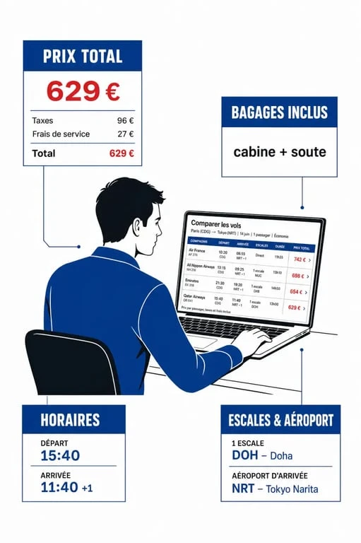 Comment choisir ses billets d'avion : illustration éditoriale des critères prix, bagages, horaires et escales