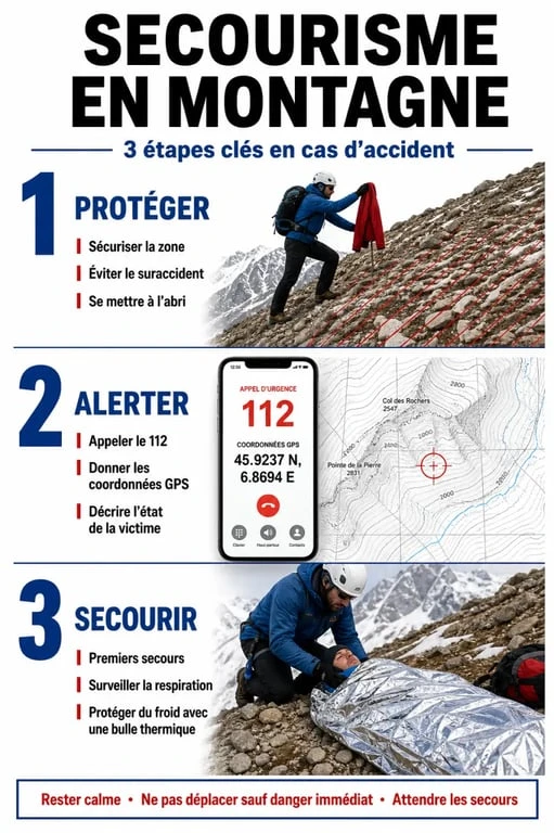 Infographie des étapes du secourisme en montagne : protéger, alerter et secourir pour assurer la sécurité en milieu montagnard.