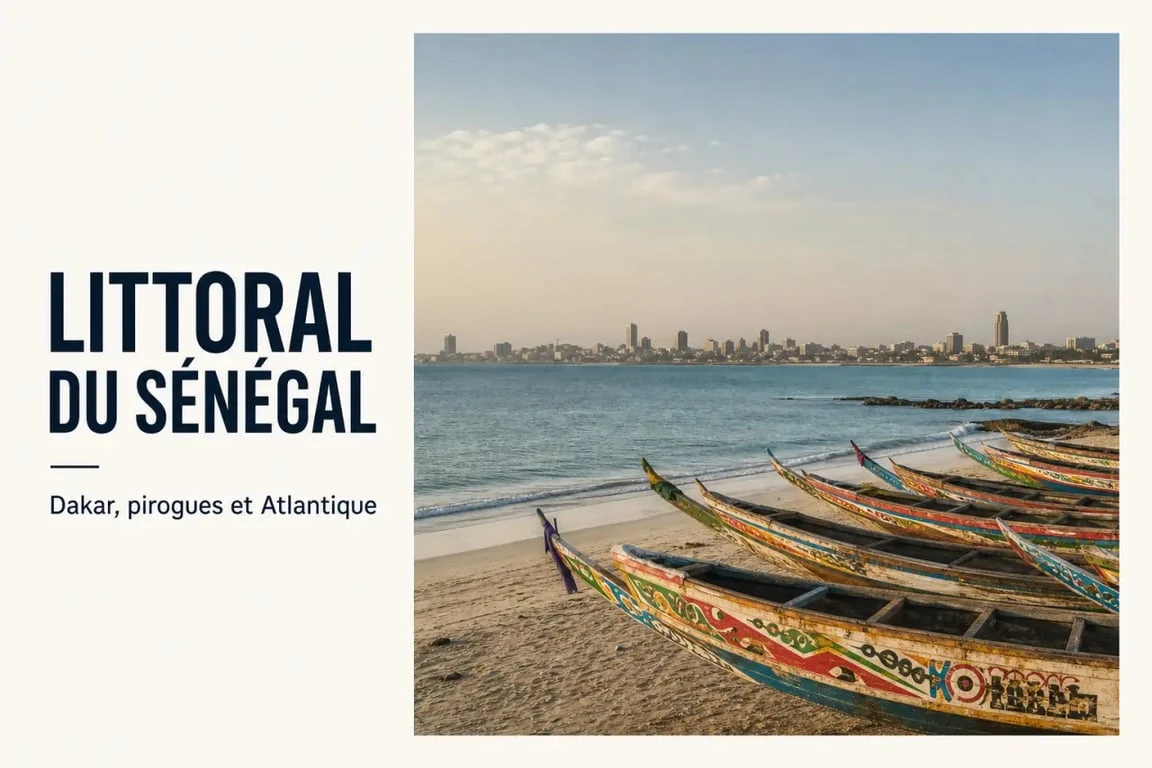 Tourisme au Sénégal : vue du littoral entre Dakar et des pirogues traditionnelles au bord de l’océan