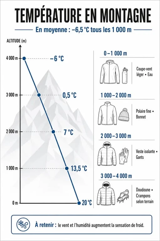 Infographie sur la randonnée en montagne : température et équipement selon l'altitude