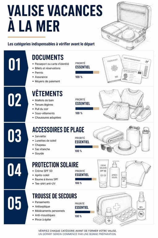 Checklist illustrée des indispensables pour des vacances à la mer