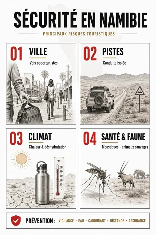 Namibie tourisme dangereux : synthèse visuelle des principaux risques et conseils de sécurité
