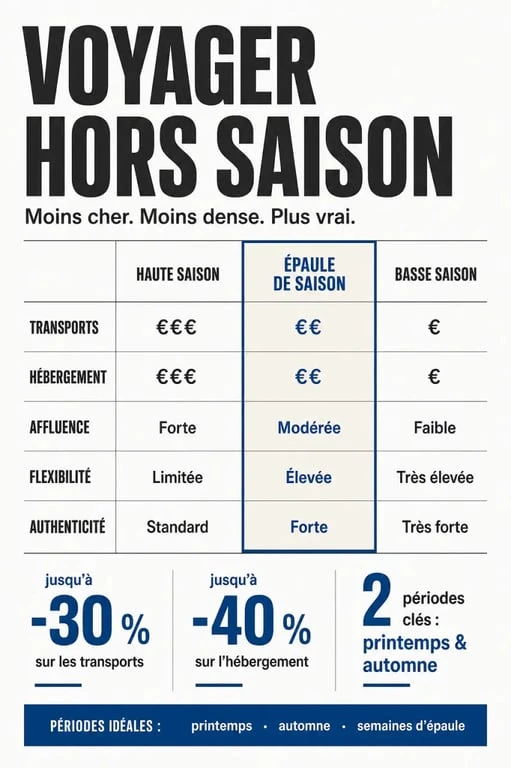 Voyager hors saison : les avantages illustrés par un comparatif visuel des économies, de la tranquillité et des meilleures périodes