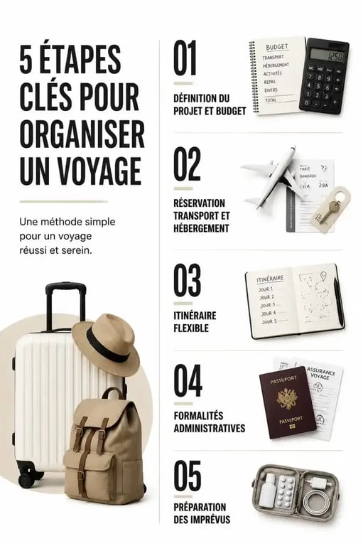 Infographie des 5 étapes pour organiser son voyage étape par étape