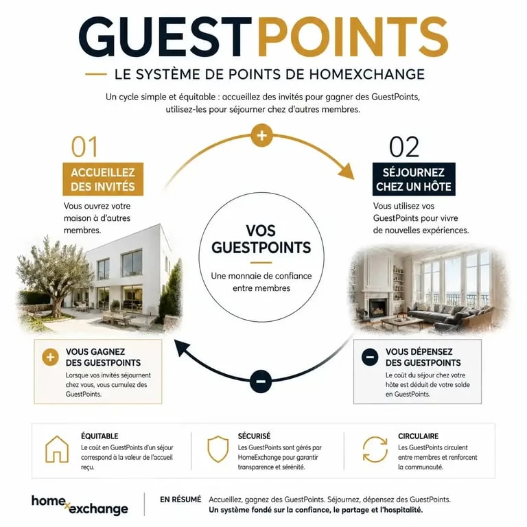 Infographie explicative du fonctionnement des GuestPoints HomeExchange pour l'échange de maison
