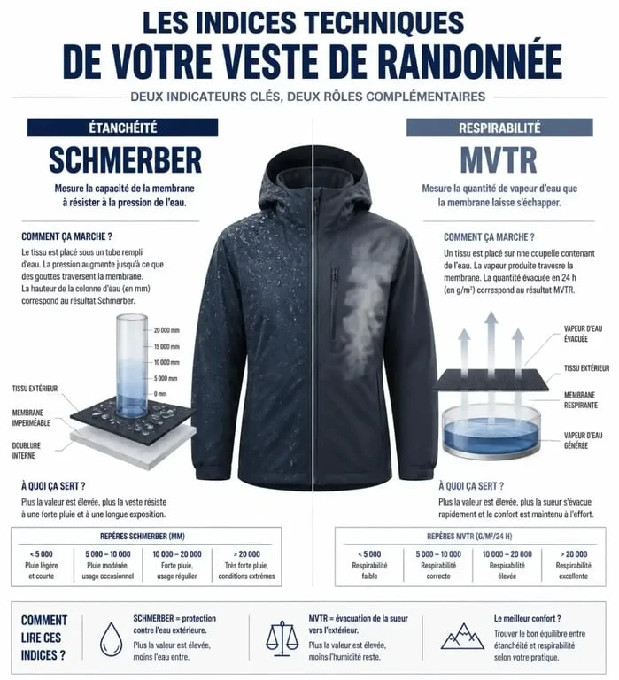 Explication des indices Schmerber et MVTR pour une tenue randonnée femme