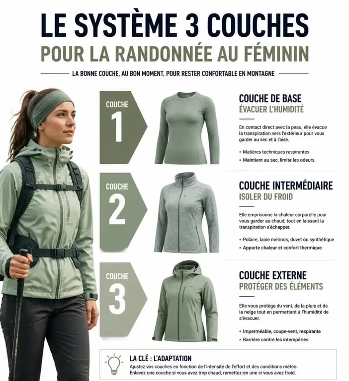Schéma explicatif du système des 3 couches pour une tenue randonnée femme