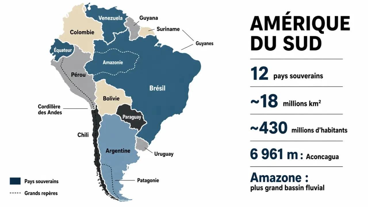 Pays d Amérique du Sud : carte infographique des 12 pays, des Andes, de l’Amazonie et de la Patagonie
