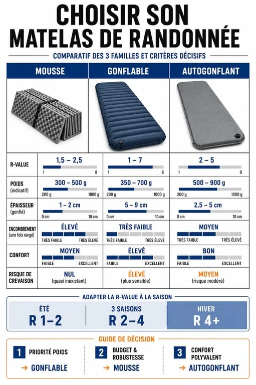 Infographie comparative sur le matelas pour randonnée selon poids, R-value, épaisseur et type