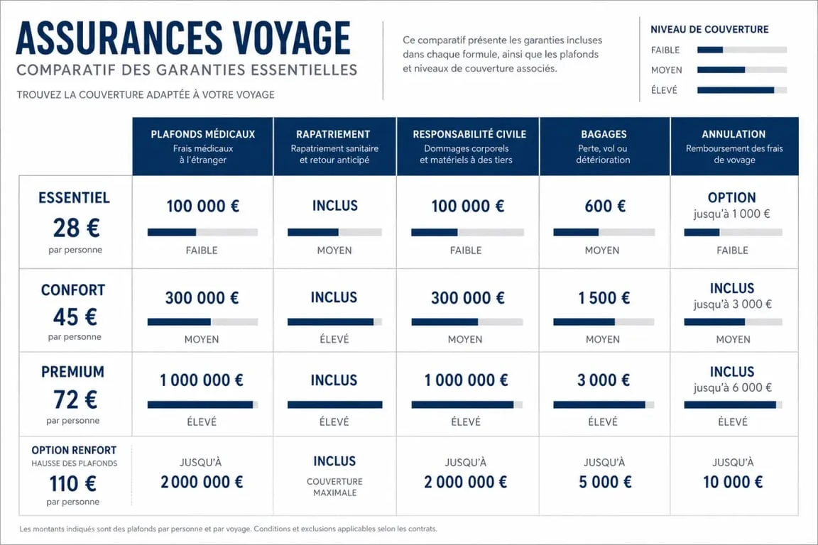 Comparatif assurances voyage en tableau éditorial avec garanties, plafonds médicaux et repères de prix