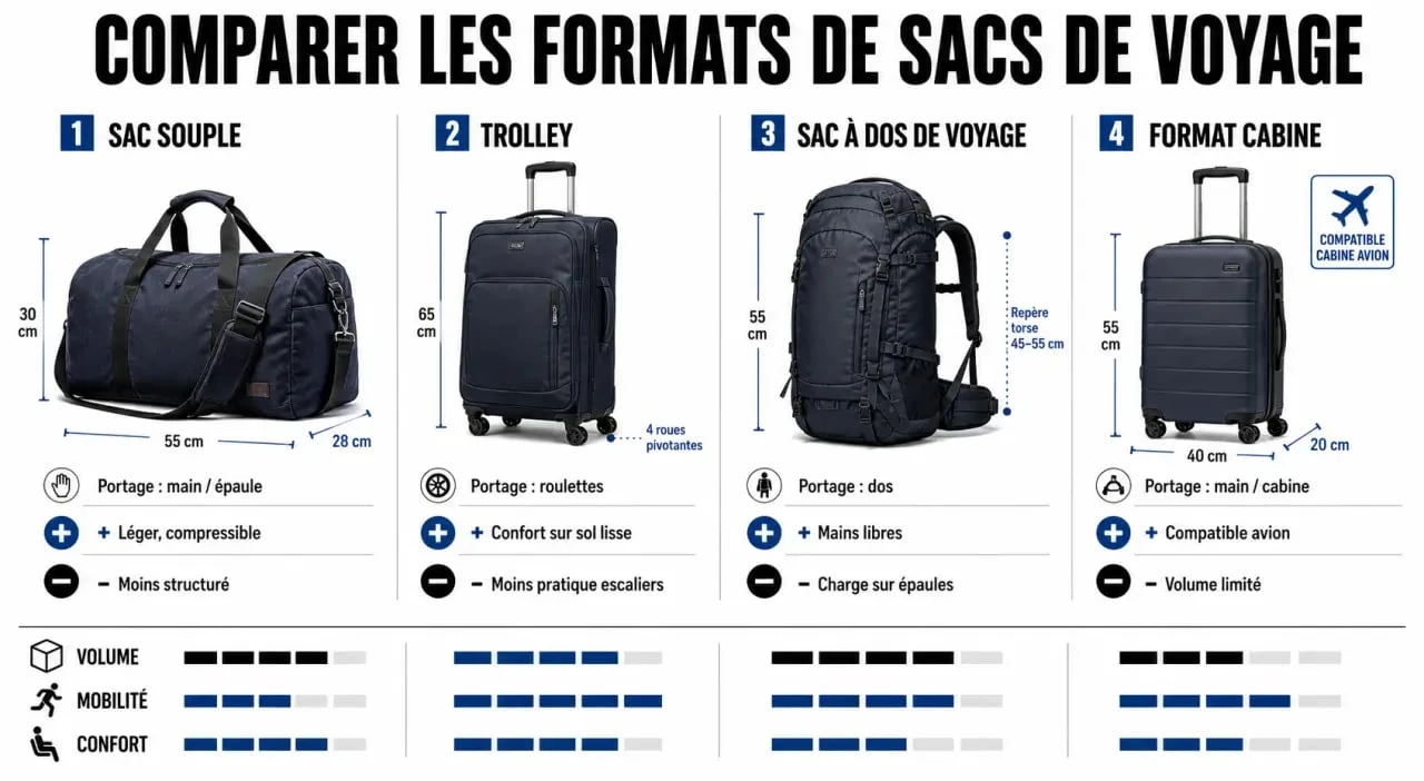 Sac de voyage pas cher : comparaison visuelle des formats souple, trolley, sac à dos et cabine
