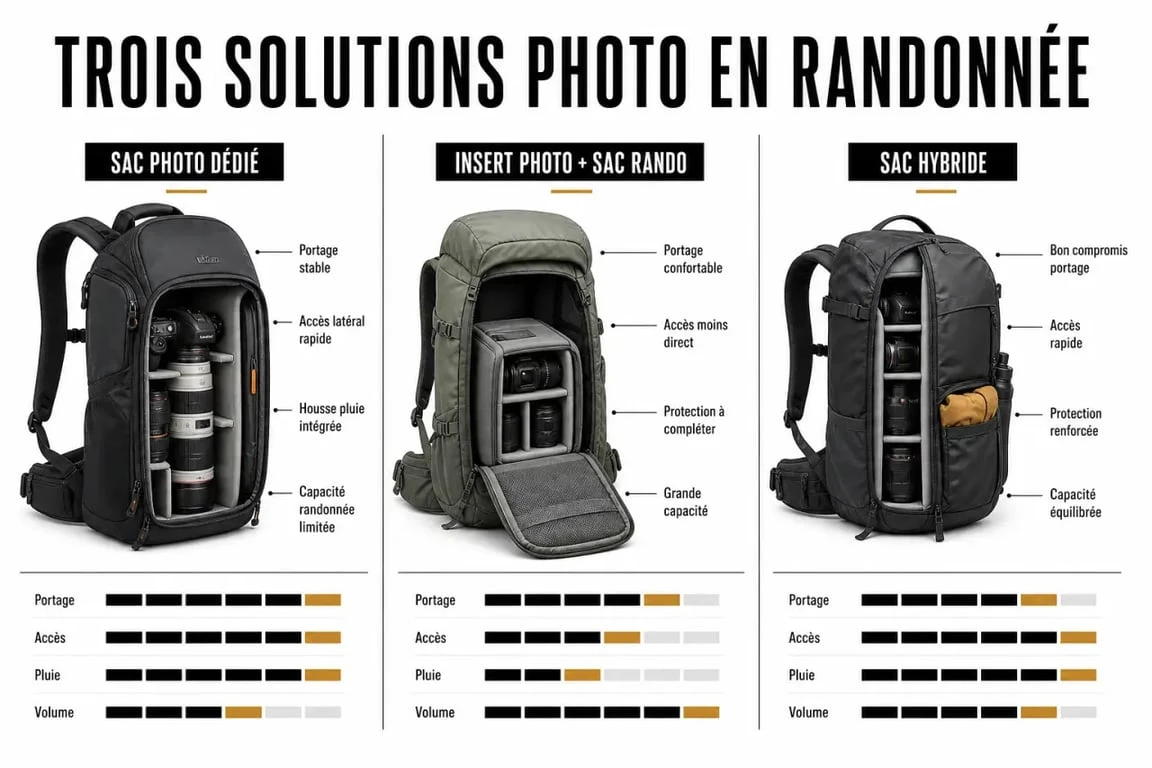 Sac photo pour randonnée : comparaison visuelle des types de sacs et critères de choix