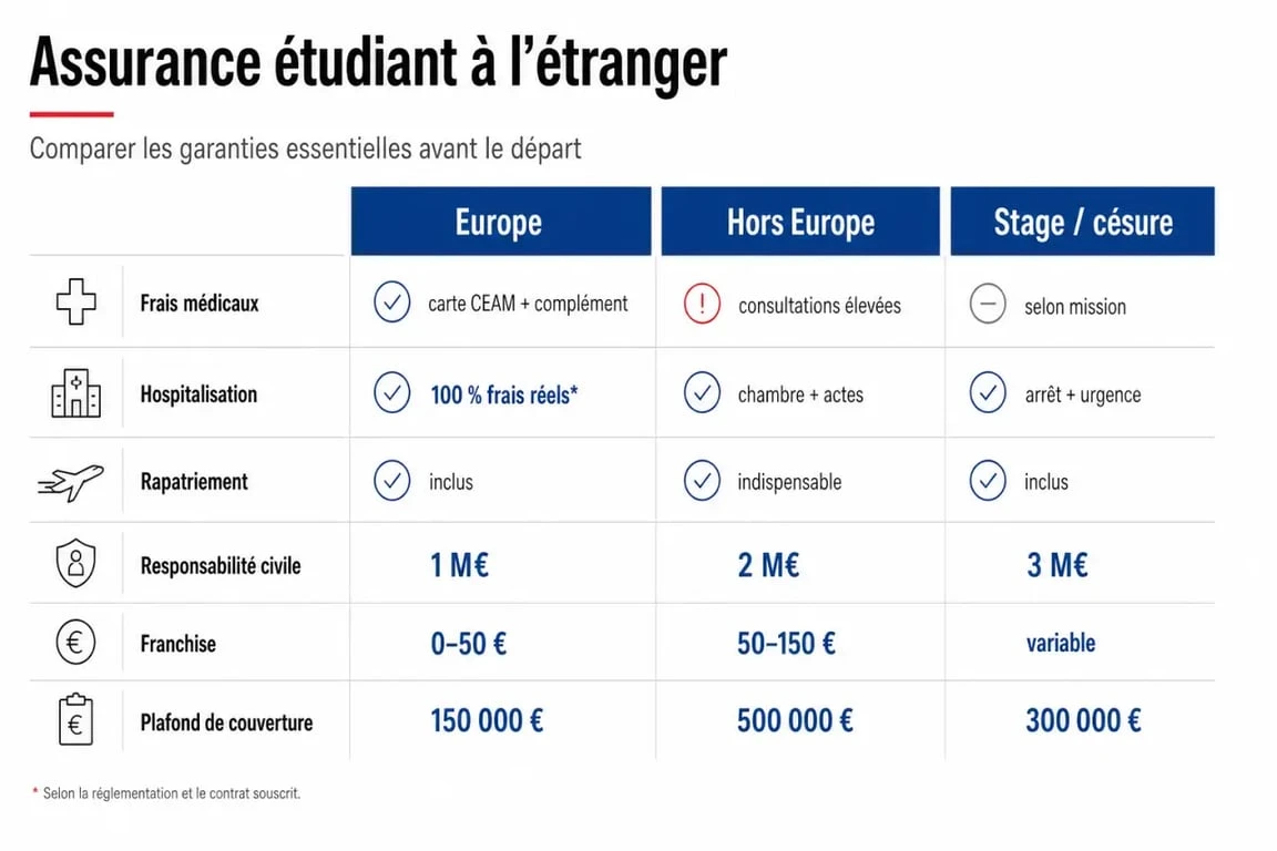 Comparatif assurance étudiant à l’étranger avec plafonds, franchises et garanties clés