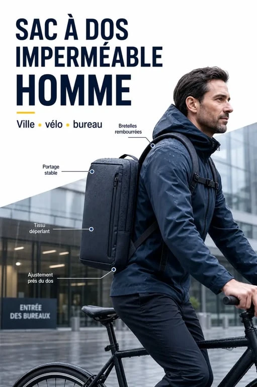 Sac à dos imperméable homme porté à vélo sous la pluie pour illustrer le confort et la stabilité