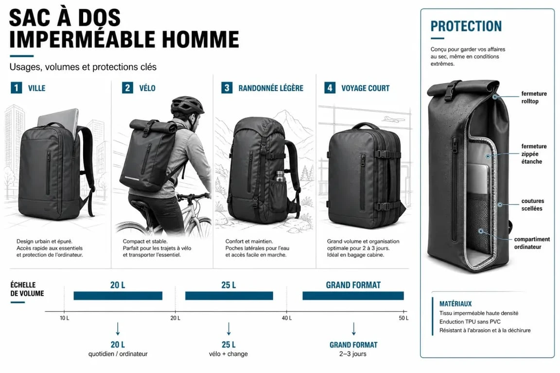 Infographie sur le sac à dos imperméable homme : volumes 20 L à 25 L, usages ville, vélo et randonnée légère