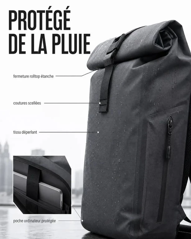 Détail d’un sac à dos imperméable homme avec fermeture rolltop, coutures scellées et compartiment ordinateur