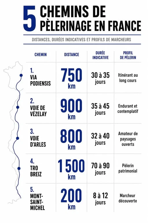 Pèlerinage en France : comparatif des principaux chemins avec durée et distance