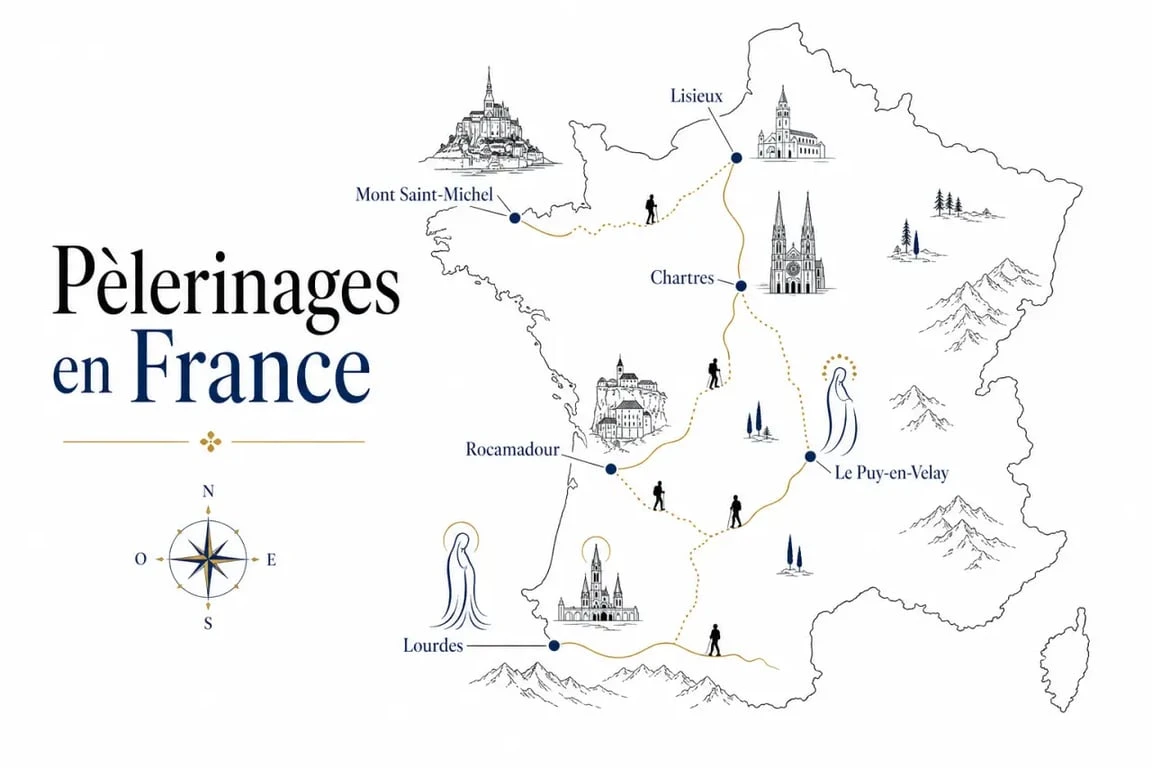 Pèlerinage en France : carte visuelle des grands sanctuaires et chemins chrétiens