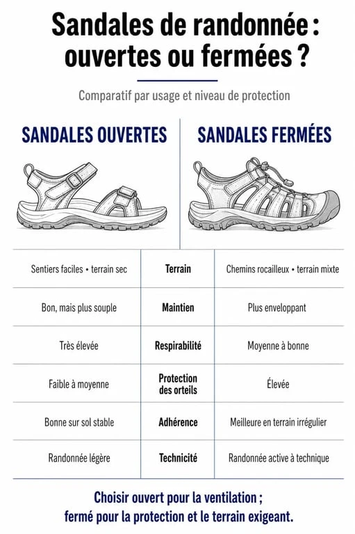Sandales randonnée : comparaison visuelle entre sandales ouvertes et fermées pour choisir selon le terrain et le maintien