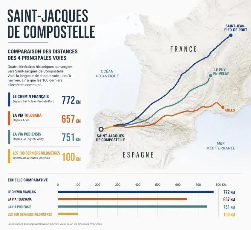 Infographie comparative des distances des principaux itinéraires du pèlerinage de Saint-Jacques de Compostelle