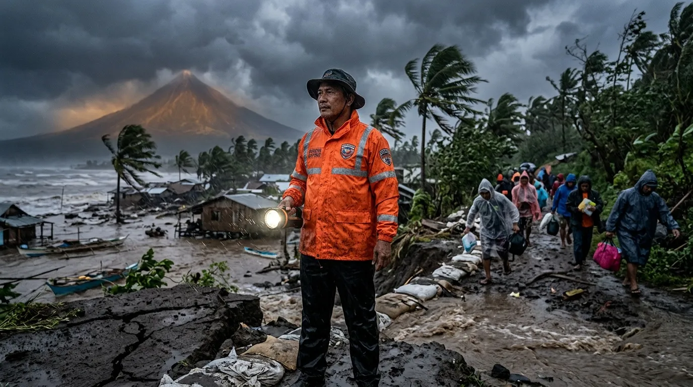Secouriste en orange dirigeant évacuation près volcano actif