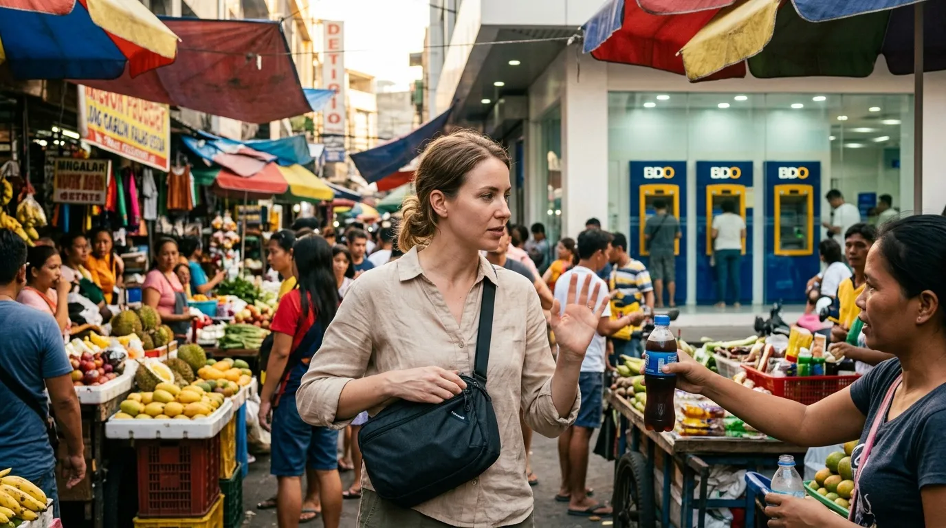 Femme occidentale shopping dans marché tropical asiatique coloré