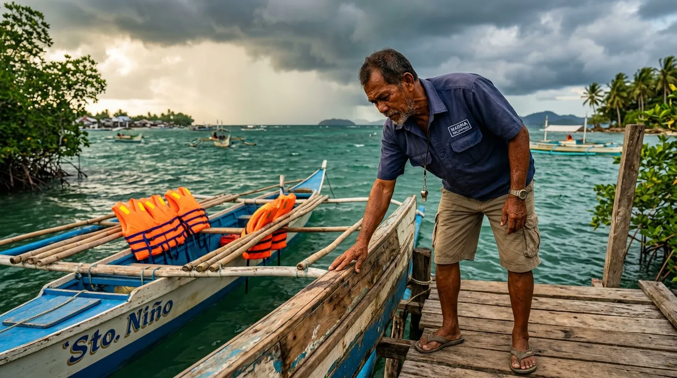Homme en uniform bleu inspecte bateau de pêche coloré