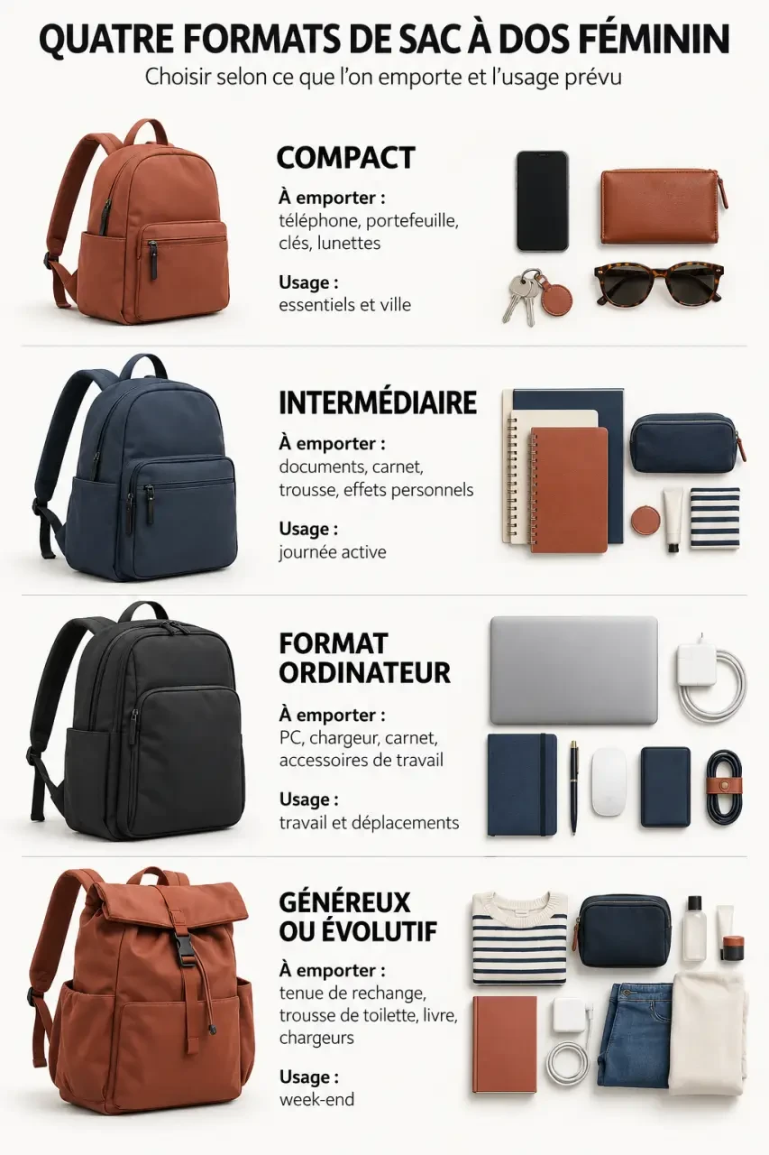 Infographie des formats de sac à dos féminin selon l’usage et les affaires transportées