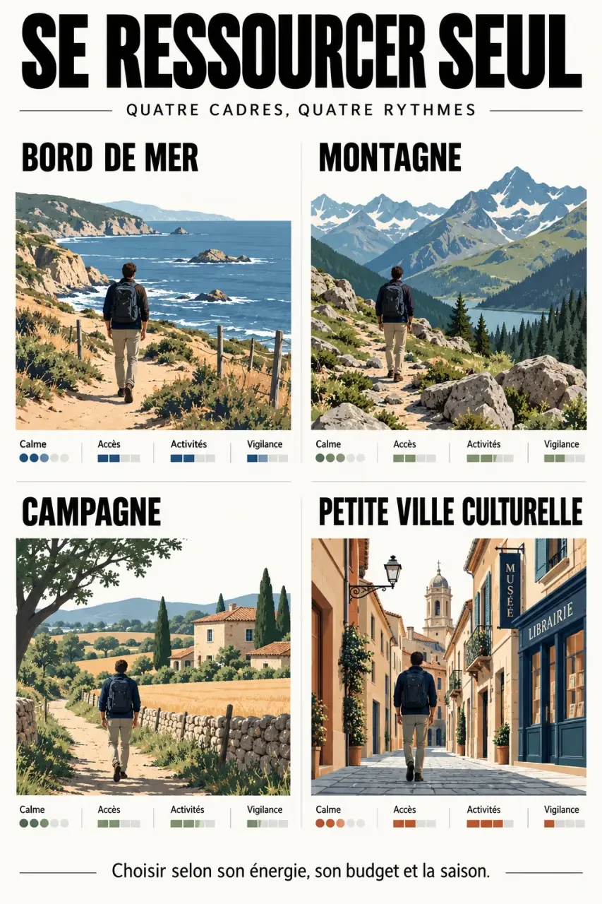 Séjour pour se ressourcer seul entre mer, montagne, campagne et petite ville