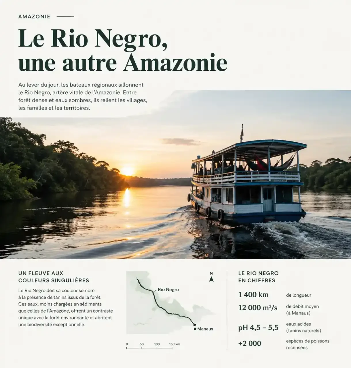 Voyage Amazonie : bateau régional naviguant sur le Rio Negro au lever du jour