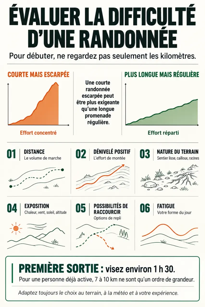 Infographie pour choisir une randonnée pour débutant selon la distance, le dénivelé et le terrain