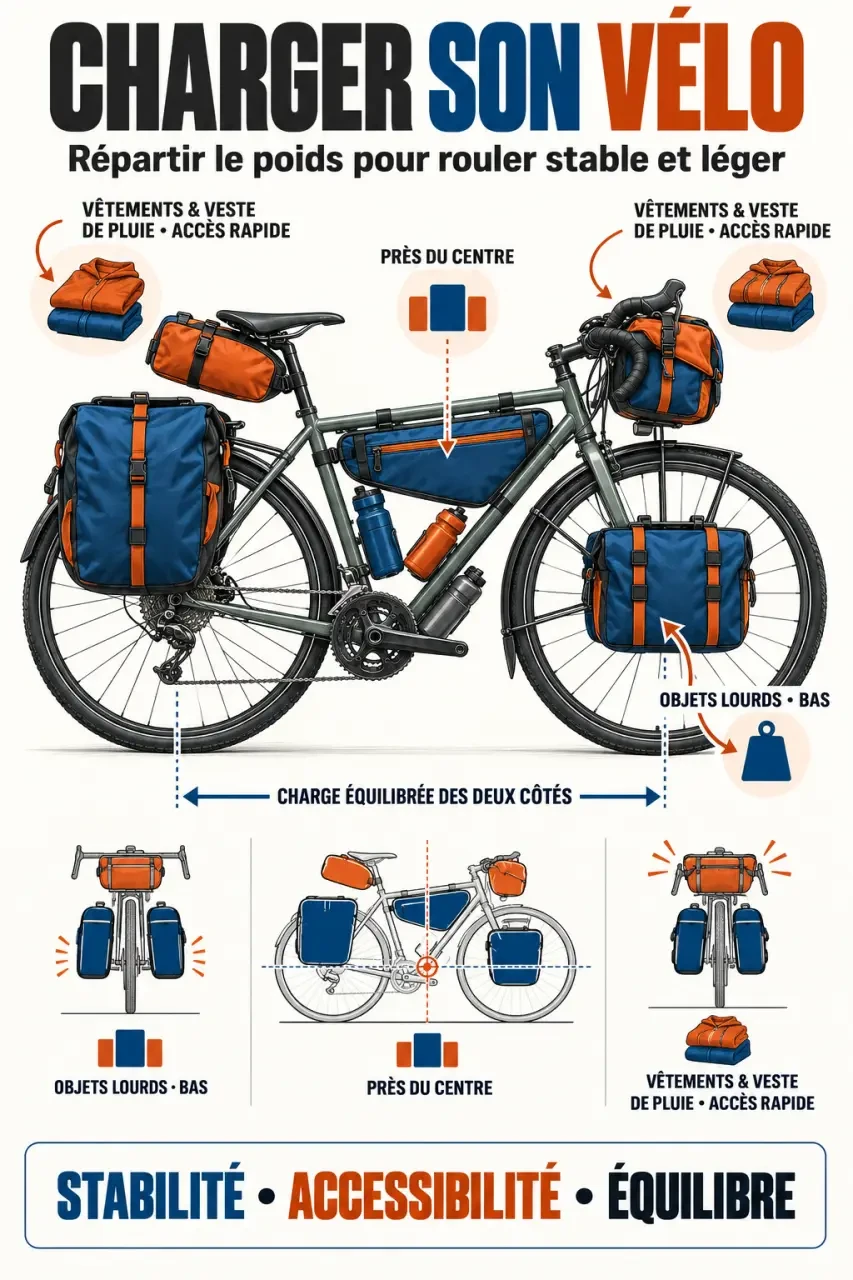 Infographie de cyclorandonnée montrant les types de sacoches et la répartition du chargement sur un vélo
